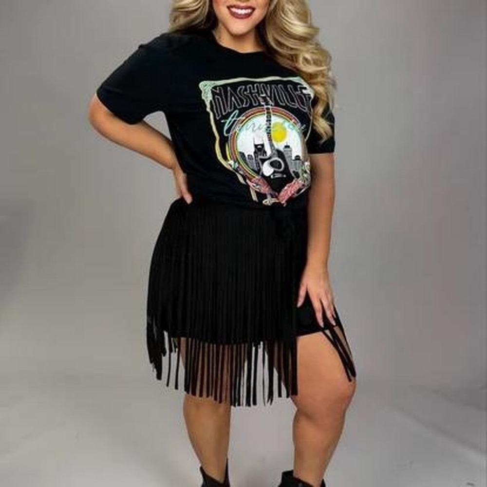 Vocal‎ Black faux suede fringe mini skirt 2XL